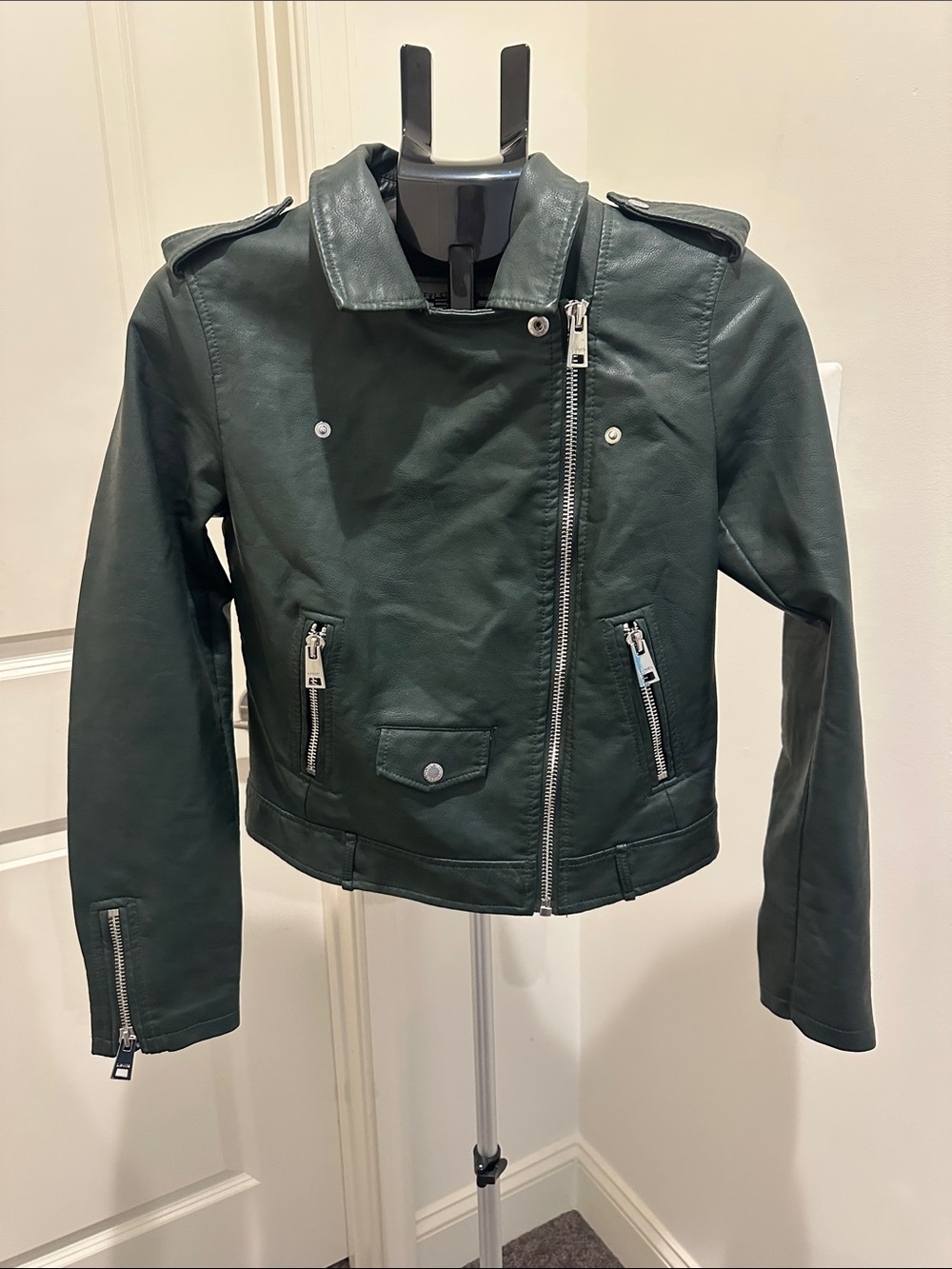 Levi's Dark Green Faux Leather Moto Jacket with Silver Hardware